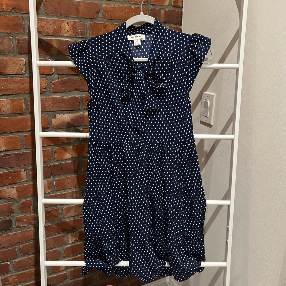 Flutter Sleeve Bow Navy Polka Dot Dress